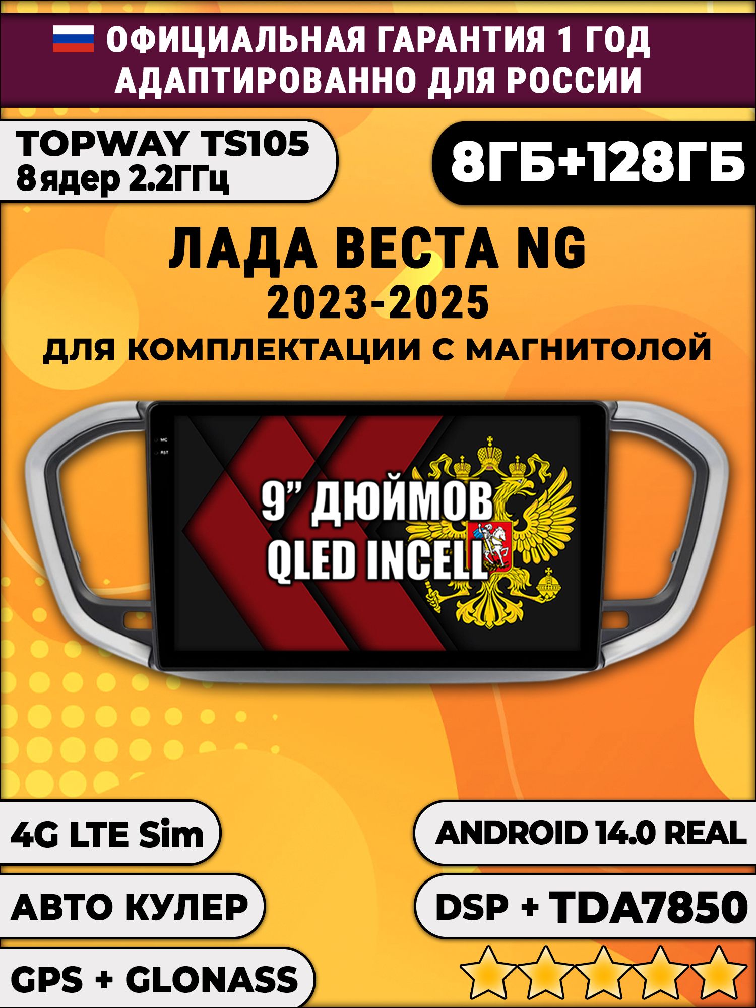 TS105, память 8/128гб для ЛАДА ВЕСТА НОВАЯ / LADA VESTA NG (2023 2024 2025), Android магнитола, для комплектации с магнитолой