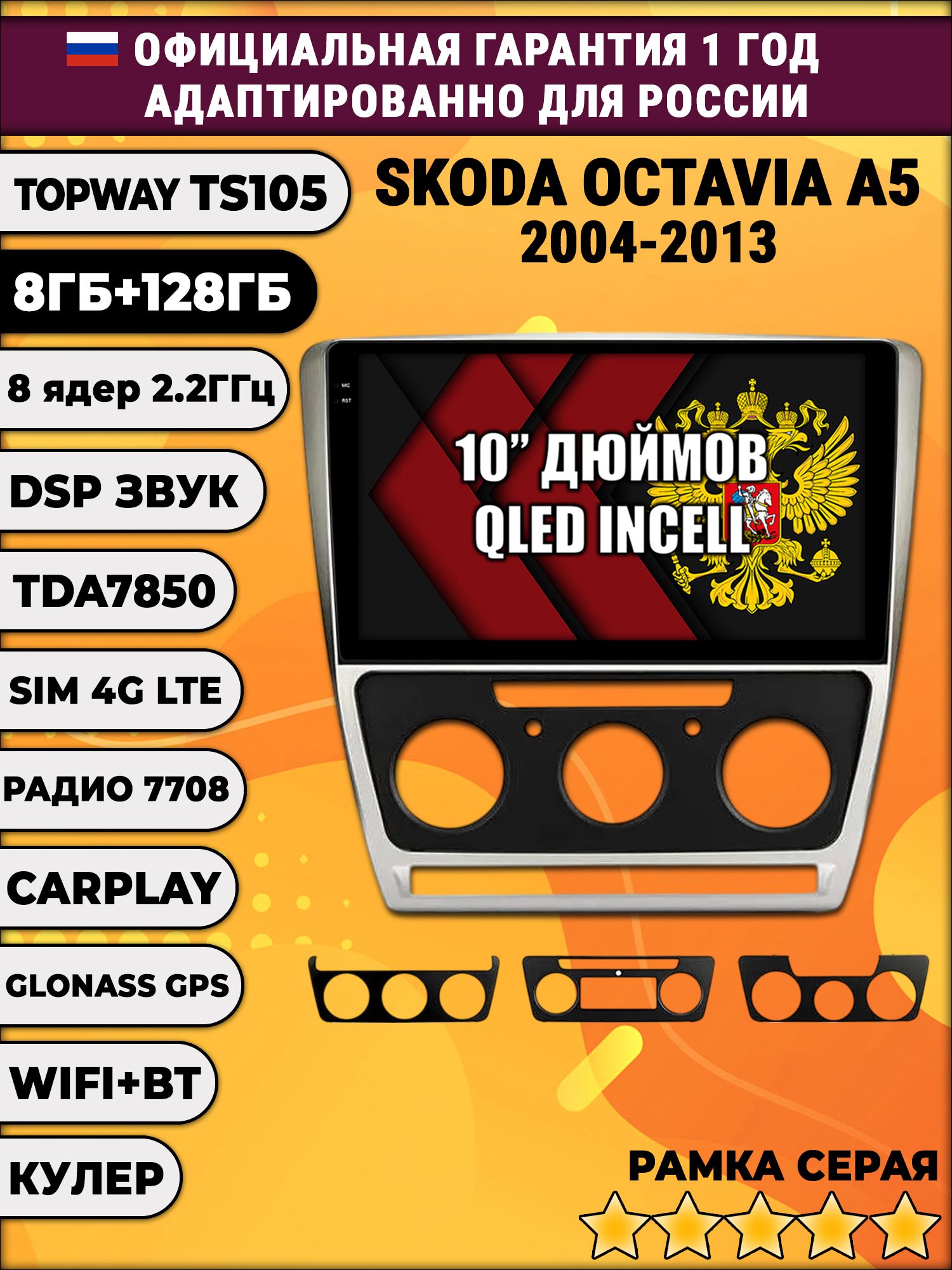 8 ядер TS105, 8/128гб для SKODA OCTAVIA A5 (2004-2013), Android магнитола, рамка серая