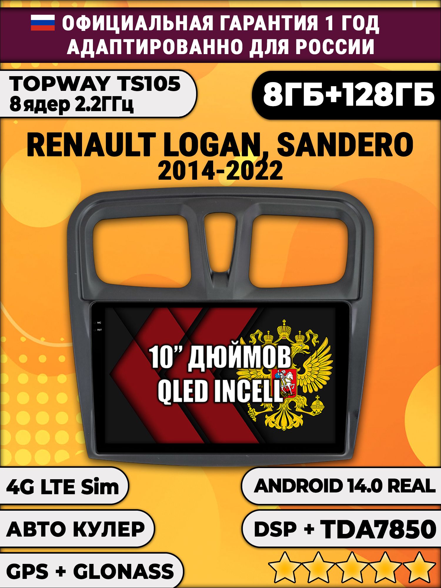 8 ядер TS105, 8/128гб для RENAULT LOGAN, SANDERO (2014 2015 2016 2017 2018 2019 2020 2021 2022), Android магнитола