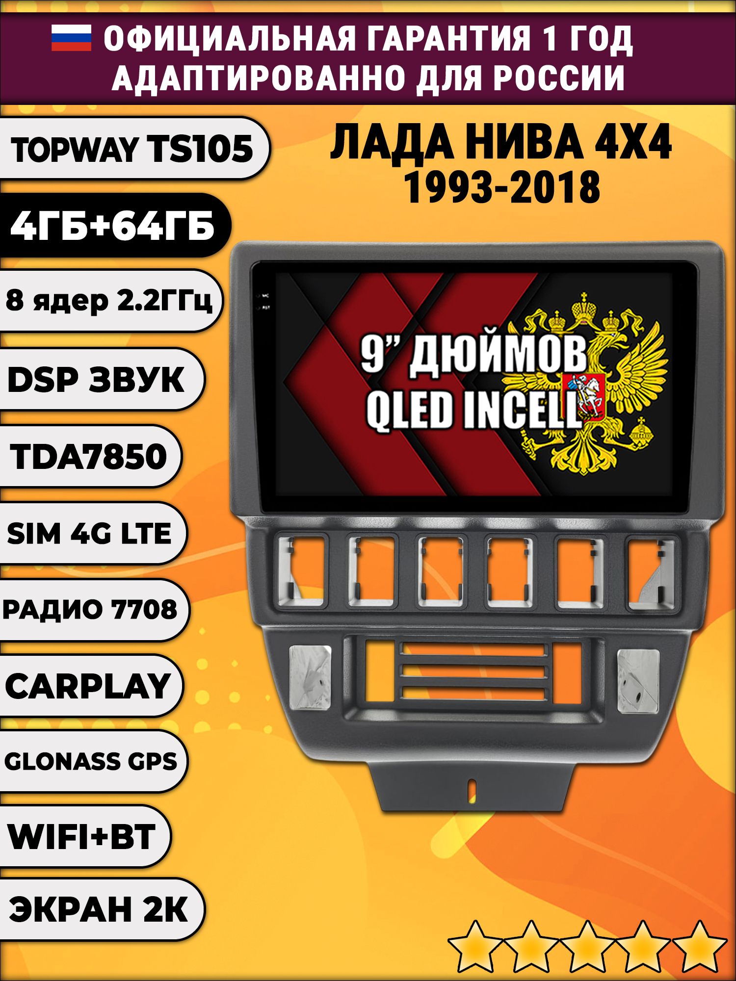 8 ядер TS105, память 4/64гб, экран 2К QLED, для LADA NIVA 4X4, ЛАДА НИВА (1993-2018), Android магнитола