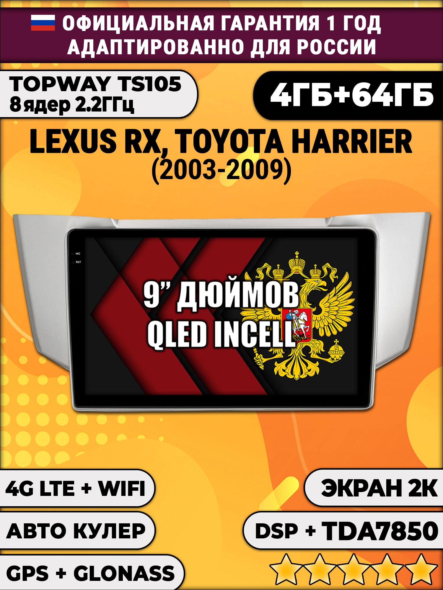 8 ядер TS105, память 4/64гб, экран 2К QLED, для LEXUS RX300 / RX330 / RX350 (2003-2009), Android магнитола