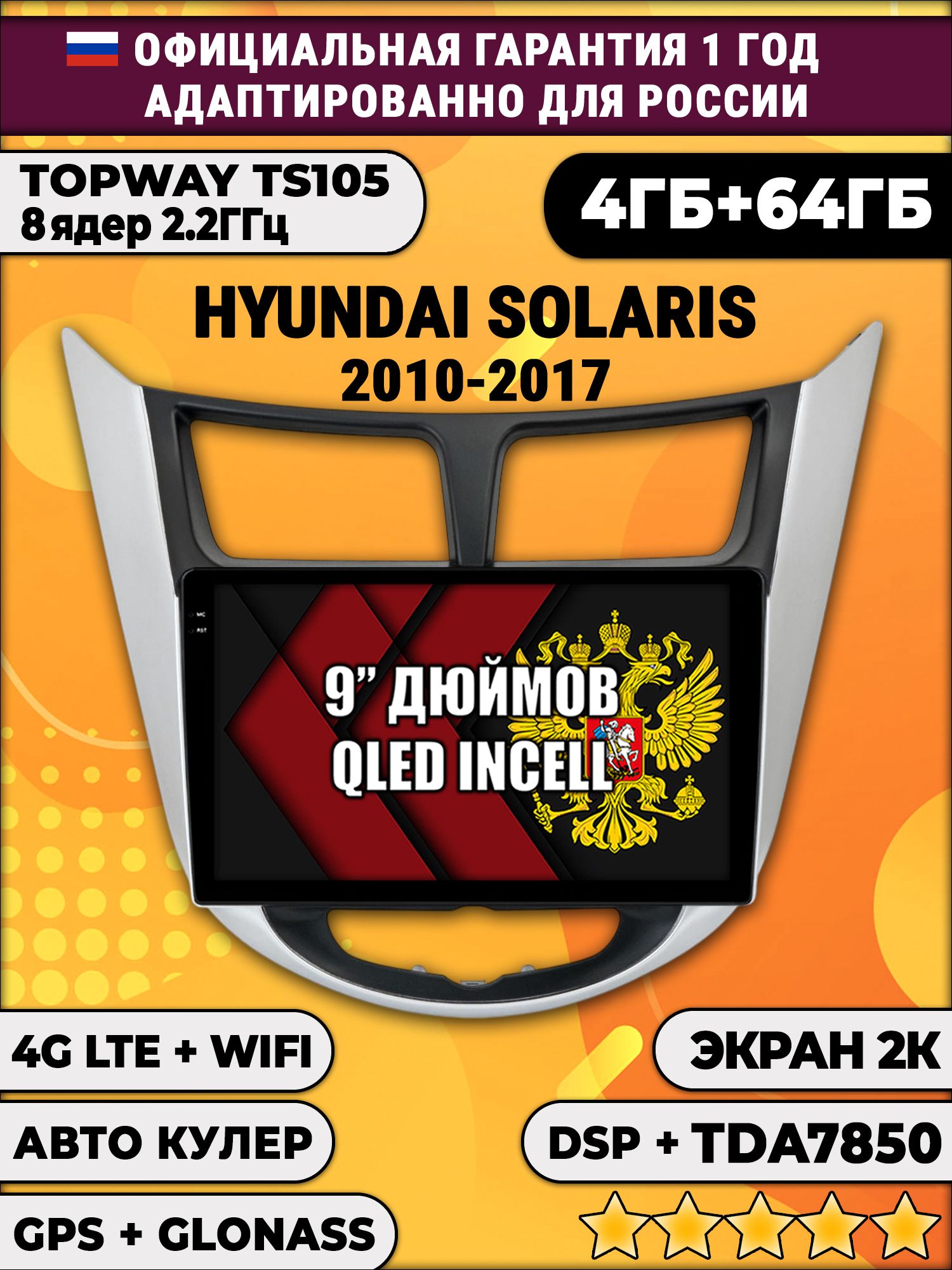 8 ядер TS105, память 4/64гб, экран 2К QLED, для HYUNDAI SOLARIS (2010 2011 2012 2013 2014 2015 2016 2017) Соларис, Android магнитола - Рамка с черным центром